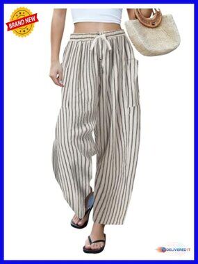 Wide Leg Linen Pants Drawstring Palazzo Harem with Pockets Summer Travel